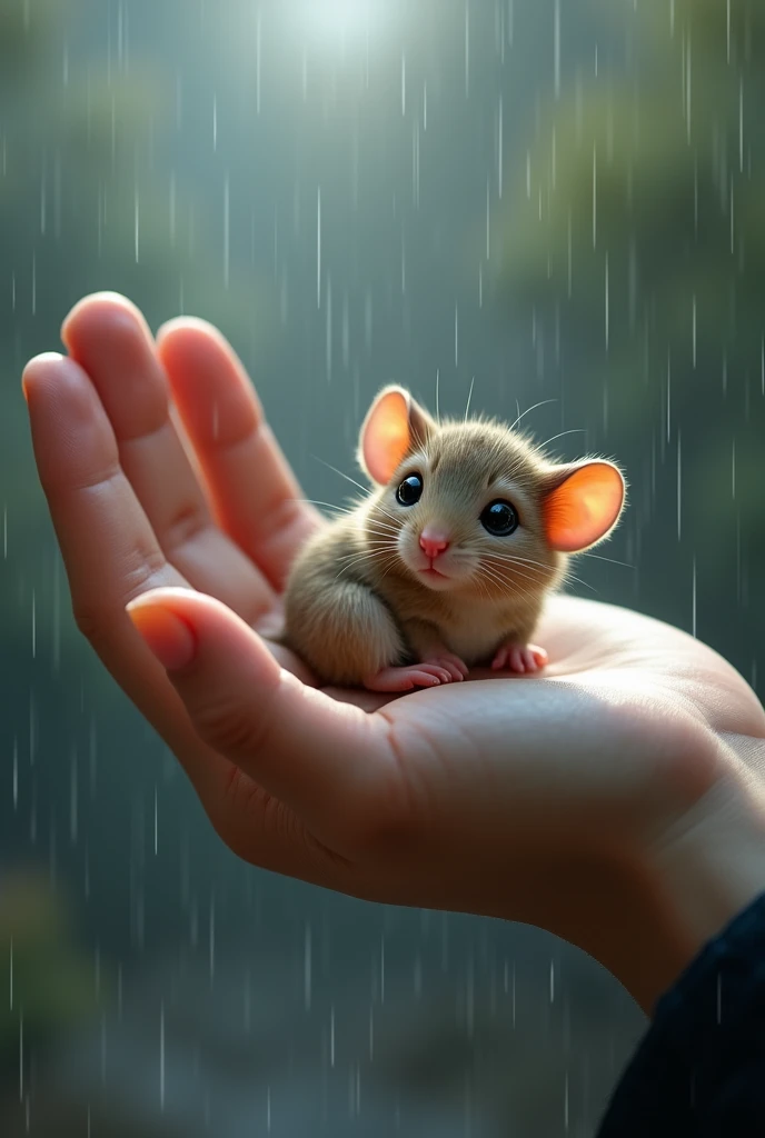 A really cute little mouse in the palm of a hand and the weather is rainy 