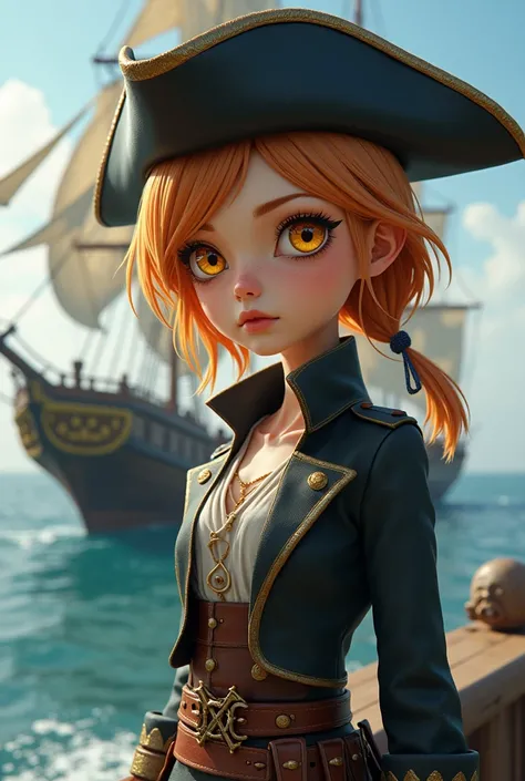 slender girl of medium height with big yellow-orange eyes, peachy hair of medium length and narrow eyebrows..In the form of a pirate with a ship in the background.