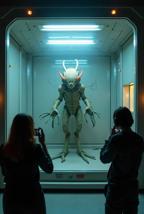 An alien creature resembling a mix of reptile and insect, caught in a high-tech cage inside a laboratory, with humans observing it closely while taking pictures, futuristic equipment glowing softly around them, first-person perspective.