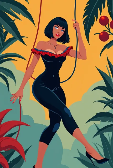 1girl, solo, minimalist, flat color, A Female with bob black haircut with blue eyes and Red lips, bare shoulders, wearing a stylish black jumpsuit. The jumpsuit features a red off-the-shoulder ruffle at the top, which is accented with blue trim along its e...