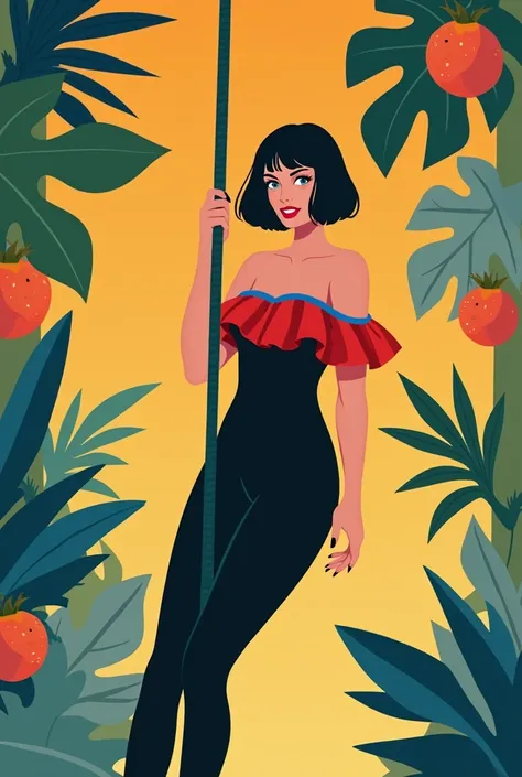 1girl, solo, minimalist, flat color, A Female with bob black haircut with blue eyes and Red lips, bare shoulders, wearing a stylish black jumpsuit. The jumpsuit features a red off-the-shoulder ruffle at the top, which is accented with blue trim along its e...