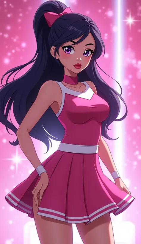 ( Close up ) , ( Close up from top of head to bottom of thigh ), (Carol Ferris from DC Super Hero Girls 2019), (long purplish-black hair ), (ponytail hairstyle), (sparkly purplish-black hair), (purplish-black hair elegant) (Dark purplish-black hair), (Caro...