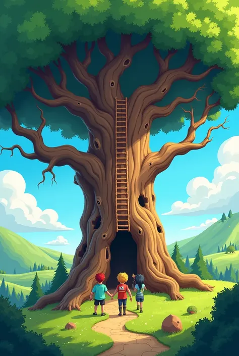 they stumbled upon an enormous tree with a hidden ladder leading up into the branches.(cartoon)