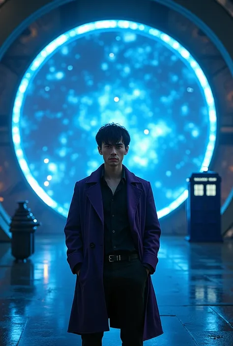 Medium size British male with short black hair wearing black shirt with black pants and purple trench coat time traveling and behind him is a huge Stargate with neon Blue energy light in the center close up in a huge sci Fi room close up with blue Dr Who B...