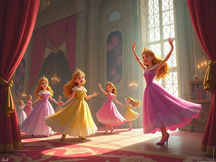 an image where the princesses are doing activities and playing in the castle 