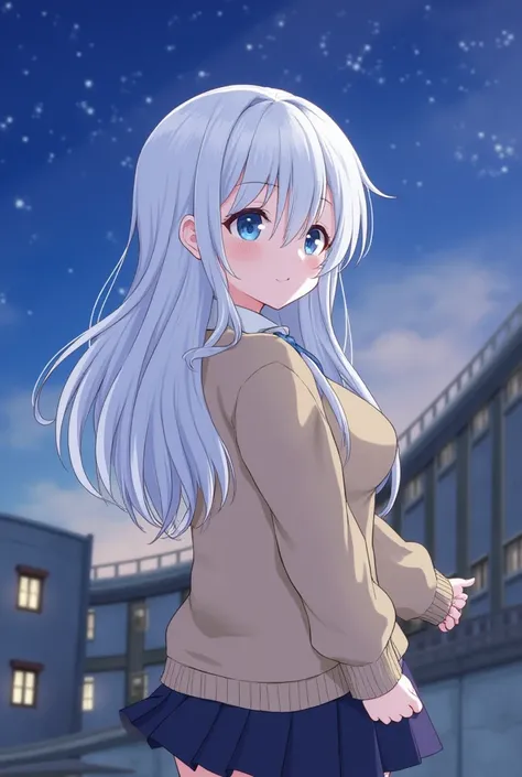 White-haired beauty、uniform、 high school girl、School、Night Sky、
 brown cardigan、smile、Turning around beauty、
Big Breasts、Blue Eye、とびきりのsmile、 big smile when looking back、Night Sky、 night view、Anime version、 cinema tea 、可愛いsmile、 long hair