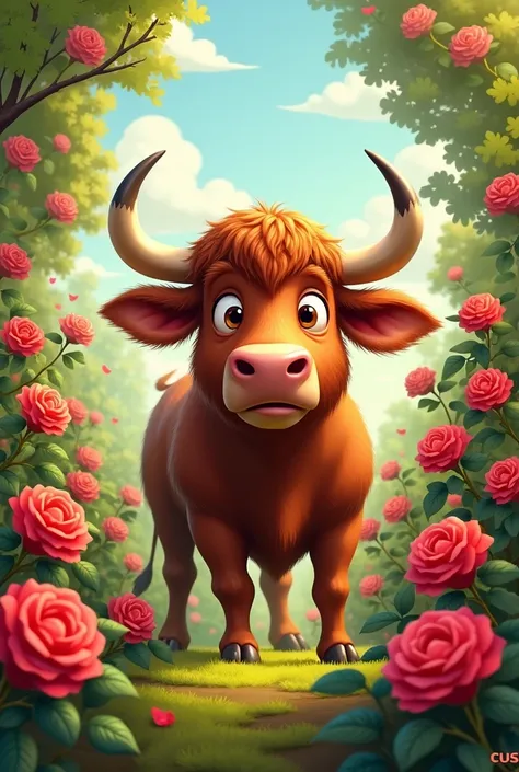 An animated bull in a rose garden