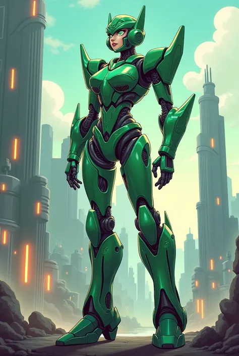 a female robot, Transformers cartoon style, your green and white metal 