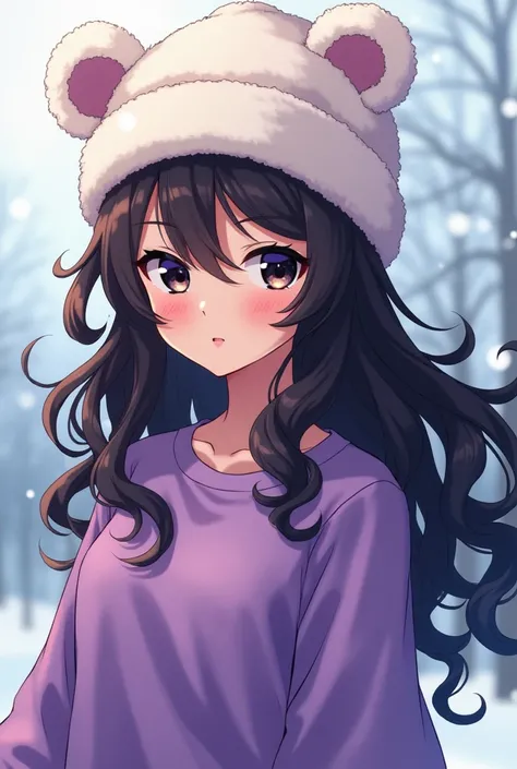 An anime girl with black eyes , with long curly hair, with a purple sweatshirt and a white winter hat with teddy ears and with a good body 