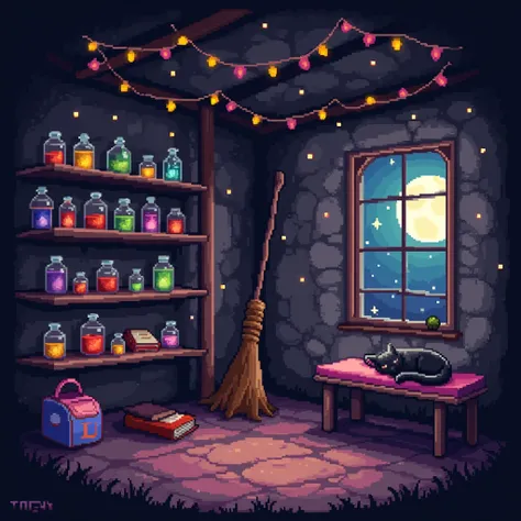 8 bits, #pixelart, abigail stardew valley, stardew valley, cozy and cute .  Slightly dark lighting /gray and purple . A witchs cute tent ,  large clear shelves with several books,  potion jars of different colors and sizes ,  stone walls and floors , ceili...