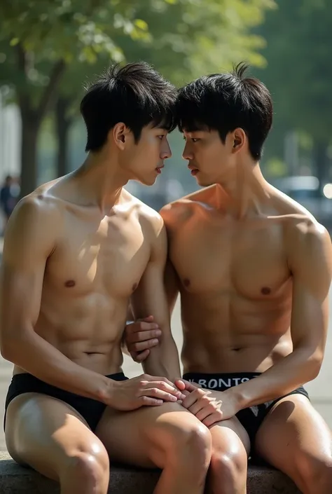 Body shot of 2 tall young sixpack korean male teenager with curious expression front facing eyes sitting next to each other and hands touching each other chest and waist under park tree shadow shirtless and only wear super tight small wet black underwear w...