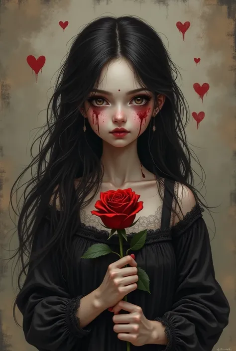 Draw a cover that includes a beautiful, modestly dressed girl. Her skin color is black and she suffers from vitiligo. She is holding a red rose with thorns, and blood is bleeding from her hand, and on her face are blood spots in the shape of hearts, and in...