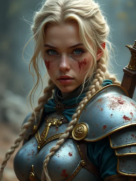 A young woman warrior, blonde with braided hair, blue eyes, wearing silver armor with gold details, badly bruised and bloodstained, (best quality, 4k, 8k, highres, masterpiece:1.2), ultra-detailed, (realistic, photorealistic, photo-realistic:1.37), digital...