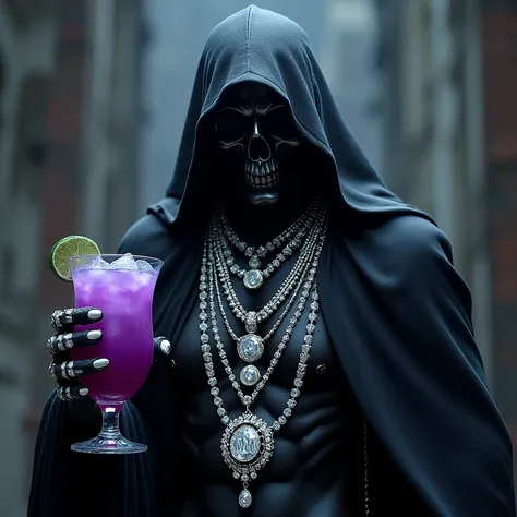 May death wear 4 diamond chains and one of them says MNF and carry a grape drink in your hand 