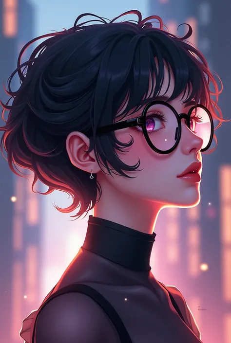 chat, Create for me a drawing photo of a prprofile with the characteristics: woman,  curly Pixie CUT hair style , and black glasses. Let it be Genshin style 