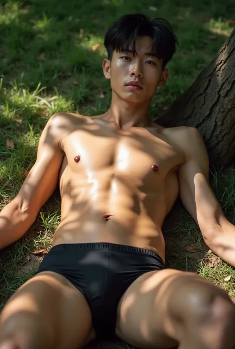 Body shot of tall young sixpack korean male teenager with confident expression front facing eyes lying down under park tree shadow while flexing his bulge shirtless and only wear super tight small wet black underwear with splited legs with shiny sweating w...