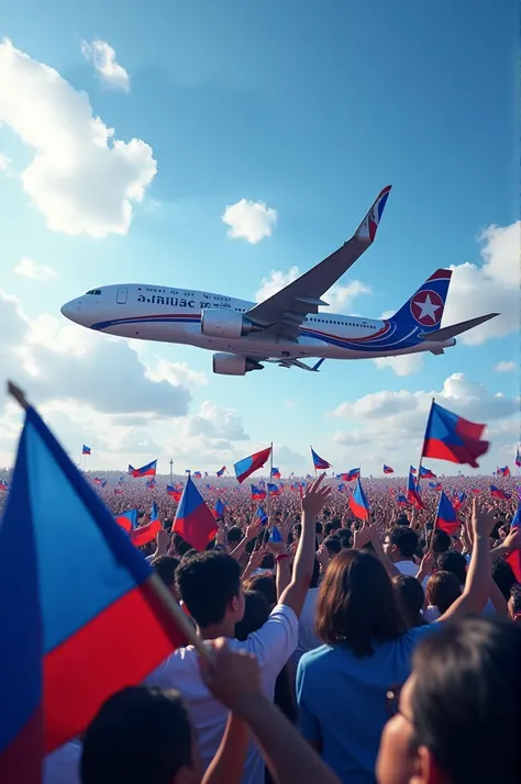 Thousands of supporters of the national party take a plane with a blue flag and a white star in the center 