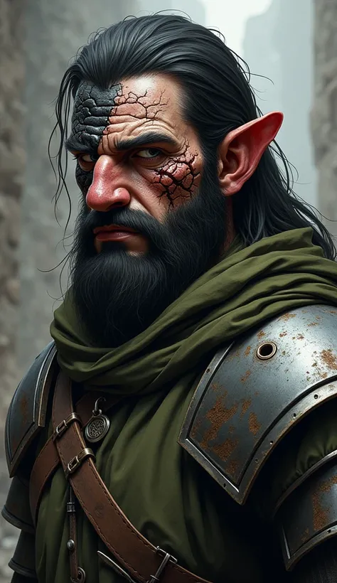 ((top-quality、8K、32K、​masterpiece)), (ultra realistic), (superfine illustration), (high resolution), (medieval), a huge and heavily-muscled man. He has grey eyes, his nose is large and hooked, and his long hair is dark and thin. One side of His face is gau...