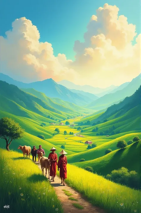  results 8K 1080p HD wallpaper Glow  +90 accentuate ,  abstract painting of rural ren playing merrily , the farmers go to the rice field with the cattle ,  under themselves in the right corner there is a signature written " EBIT "