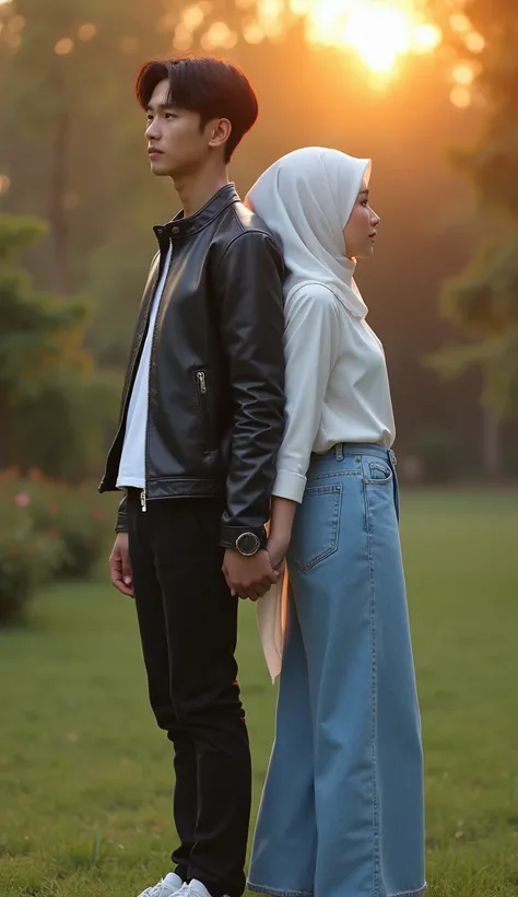 romantic couple,  a young Korean man wearing a leather jacket, white t-shirt,  Comb Over hairstyle and white sneakers .  and indonesian woman , hijab style ,  wearing blue white fashion ,  long jeans. (Back-to-back pose ,  holding hands).  in dawn lighting...