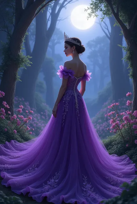 The Princess in the Purple Dress　 The weather is at night and the location is a garden