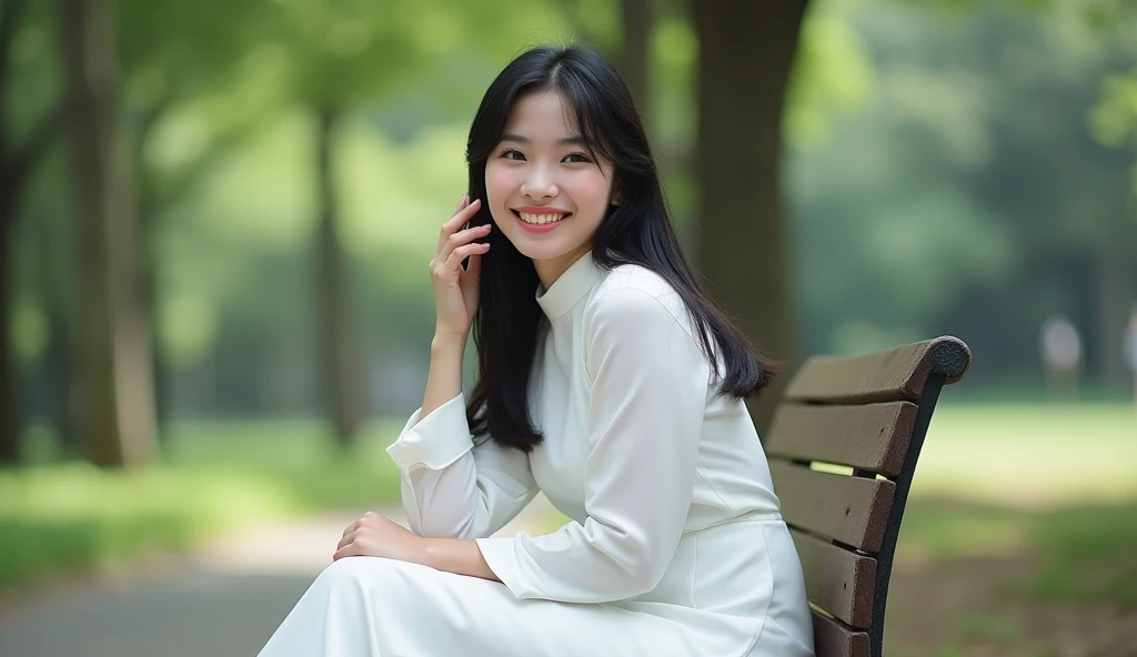 8k, (solo:1.2), masterpiece, Hanoi visit, Hanoi background in summer, beautiful vietnamese woman, 19 years old, black hair,Vietnamese modest style white aozai, touch own hair, sitting on the bench,smile, full body