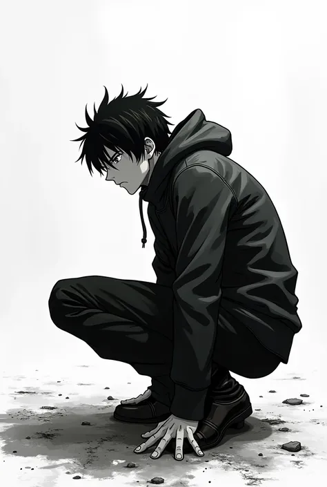 A crouched character in the very cool style make him black and white in the anime style