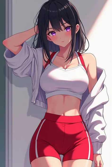 Oc from anime girl with black hair and purple eyes with the biggest and prettiest breasts wearing short white and red workout clothes 