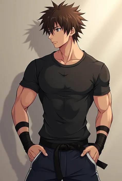 Adult and young man ,  anime style ,  pretty face,  brown hair,  curly hair,  mid-fade haircut , key beard,  brown-eyed ,  well-built and athletic body ,  light and slightly tanned skin , black fitted shirt ,  black pants with white details sporty style, b...