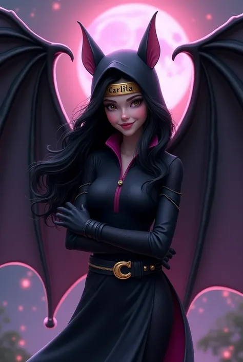  She creates a large and majestic bat , In realistic version,  that embraces and protects a Disney girl ,  showing up in a wider view for that her full wings .  The bat surrounds the girl with its wings ,  protecting her from harm .  She has wavy black hai...