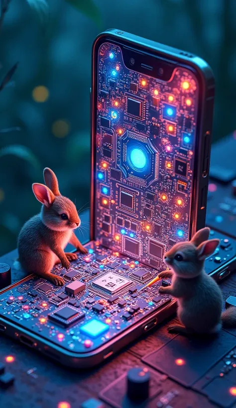 A detailed and whimsical illustration simulating the interior of a smartphone, without showing the external surface. The scene features extremely tiny animals, rabbits, foxes, and raccoons working on glowing circuits and assembling microchips using miniatu...