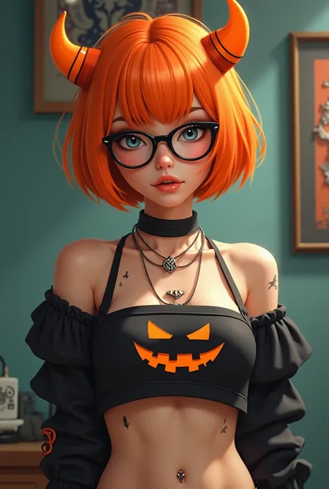 Short orange haired femboy, Halloween crop top cut out by the shoulders, black glasses, orange horns, belly piercing 