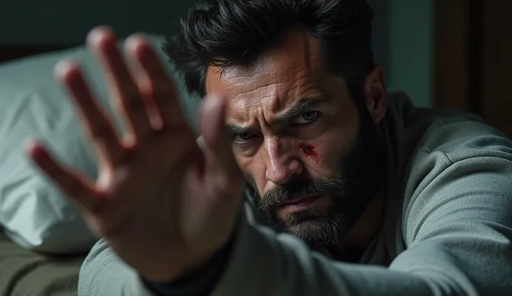 The Everyday Life of Wolverine

Wake up with the alarm:

 Turn off the alarm with a sudden gesture .
Visible tiredness ,  constant insomnia .
tired face, stubble,  still showing blood marks .
