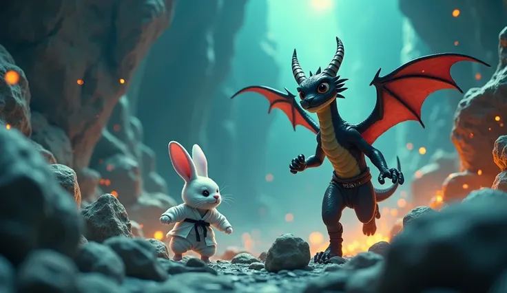 Prompt (471): {High-quality 5-second video, 3D Pixar style, with vibrant colors and high contrast}

Setting:  in a huge cave ， Rabbit uses “Serpent Swing” to avoid rolling stones 。

Character Movement: [Vision]  Rabbit and Cheetah escape the stone storm in...