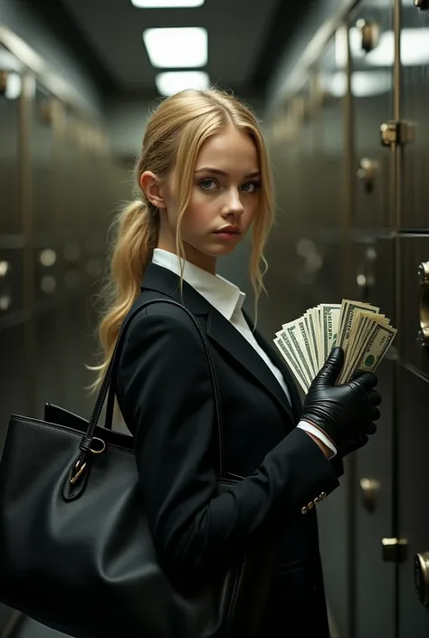 [Photorealistic, Highest Quality, Highest Resolution] A girl in a in a bank vault, carrying a large shoulder bag, blonde hair falling back, blue eyes, with wads of cash in hands, wearing a black suit and leather gloves, closeup portrait, cinematic lighting...