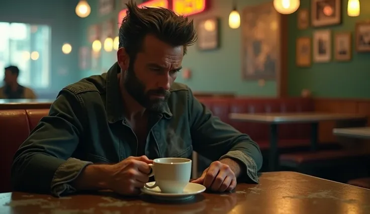 Movie scene ,  Wolverine sitting at a table drinking coffee