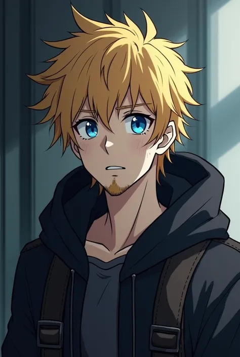  I want a blond anime character with blue eyes ,  that wears dark clothes, A hood, a cover,  he has a beard and a scar on his eye , That doesnt stop him from getting dirty ,  hes a serious character and is in his 29th year