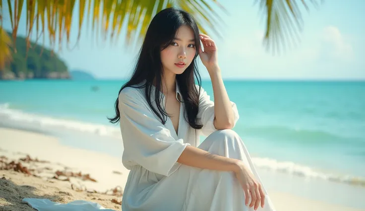 8k, (solo:1.2), masterpiece, Vietnam seaside in summer, beautiful vietnamese woman, 19 years old, black hair,(Vietnamese modest style white aozai:1.3), touch own hair, sitting on the beach, cowboy shot, palm tree