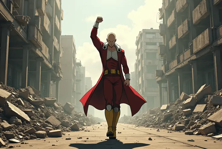 Saitama from One Punch Man, with his fist in the air and walking away from battle with rubble and wreckage in the background 