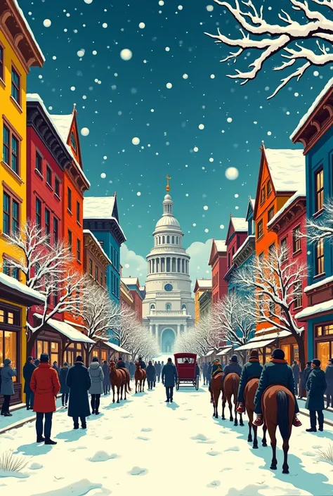 Snowy day, button snow falling, brightly colored woodblock prints, brightly colored tall buildings, snowy street trees, wide western street, 3-4 carriages and people coming and going, full color.