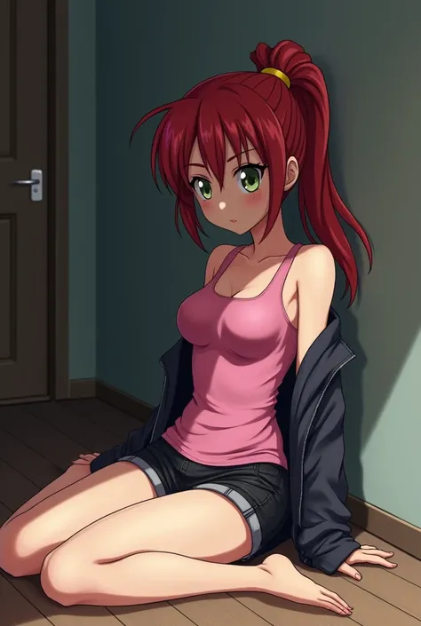 the girl is alone in room,raceback very tight small tank top pink,very tight tank top,very short black denim shorts,sports jacket,after gym, sweaty,the girl is lying on the floor, sweaty body , Asuka Langley Soryu, Evangelion , slut, cumslut