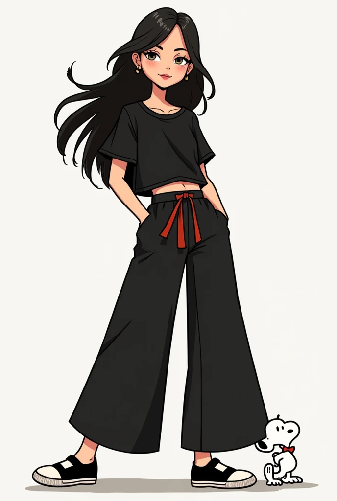  A brunette woman style Snoopy character, with long black hair, wide black shirt ,  wide pants with strap , shoes black and white .