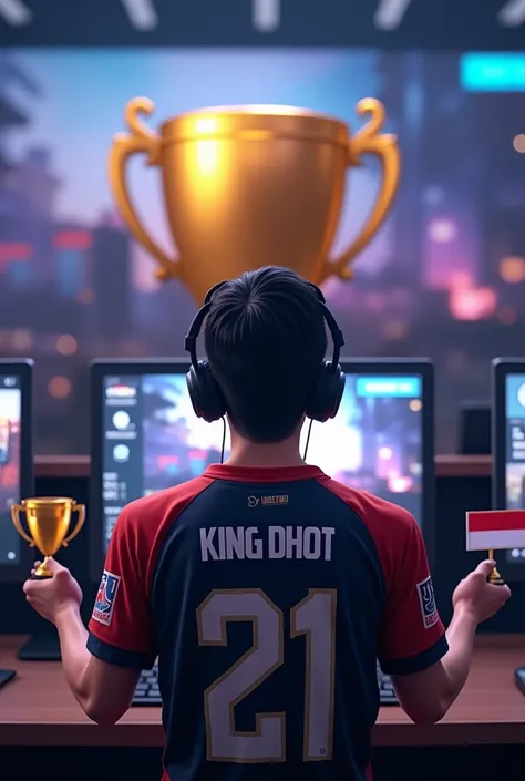 A Anime Man is playing Pubg mobile game facing towards big trophy with pc in Esports arena, wearing a Esports jersey kit number 21, has "KING Dhot" written on his jersey backside With Team Name " WMA" On jersey below jersey number,has logo of Indonesia fla...