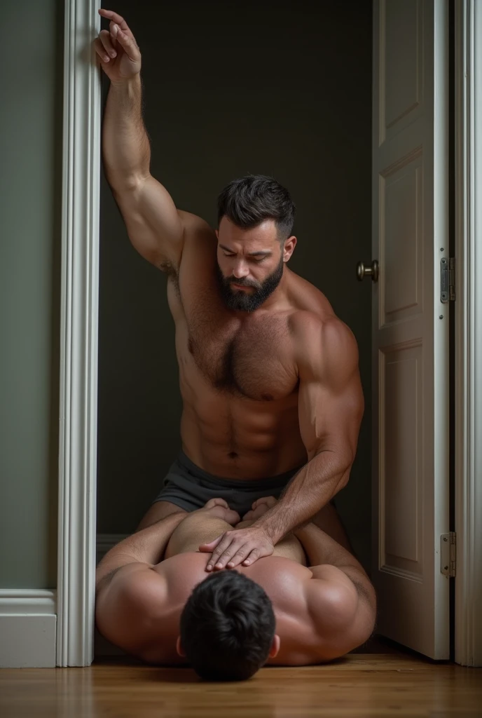 Close up portrait of a white shirtless massive muscular bodybuilder hairy torso, don’t show the face, He kneels on his gay male muscle partner who’s laying his back on the floor. His arms are raised and he touches the upper frame of the doorway with one ha...