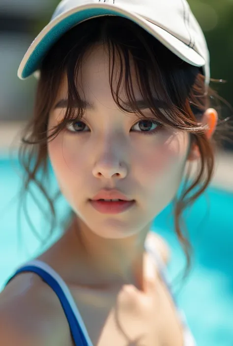 Close-up of a young  Japanese womans face with a brown messy bun hair. she is wearing a blue and white bikini top and a baseball cap. the background is blurred, but it appears to be a swimming pool