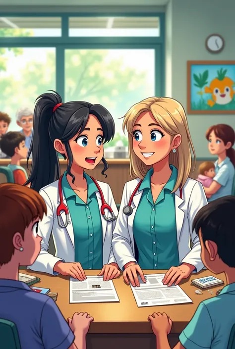  A small, busy clinic with a waiting room full of patients. The young nurse, Lily, and her older sister, Dr. Emma, are at the reception desk. COMIC STYLE.