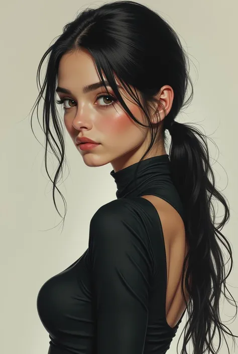  long-haired girl looking intently, he would be, sexy, tied black hair ,  with narrow clothes , teen