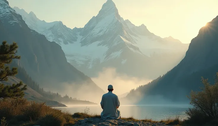 Muslim man praying in front of a mountain in the morning. Natural view. Show the back side.