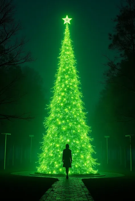 masterpiece,A completely dark park without light , big Christmas tree that glows yellow-green , fluorescent illumination ,illumination light,illumination lightが光を放つ, high image quality, focus on the Christmas tree 