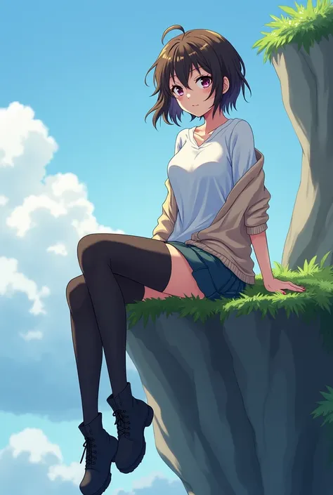 Anime girl sitting on the edge of a cliff, anime girl Shoujo ,  Anime girl with short skirt white shirt, loose elbow-length sweater, Manga style,  short, messy hair ,   in front of the viewer , Fat Body, very large breasts and limbs,  crossed legs,  long b...